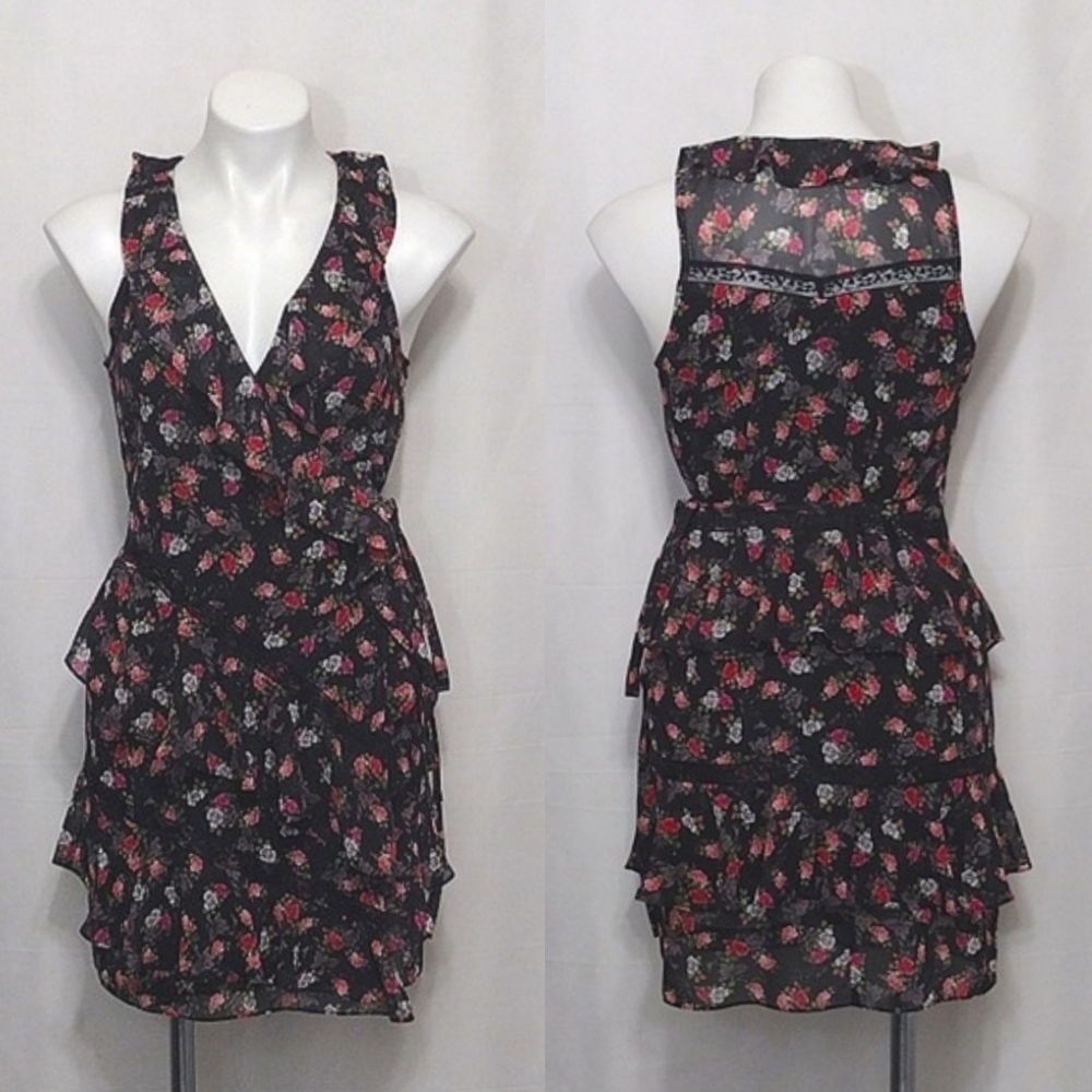 Guess LA Floral Wrap Mini Dress XS Sleeveless Ruffle Tiered Boho Summer Party